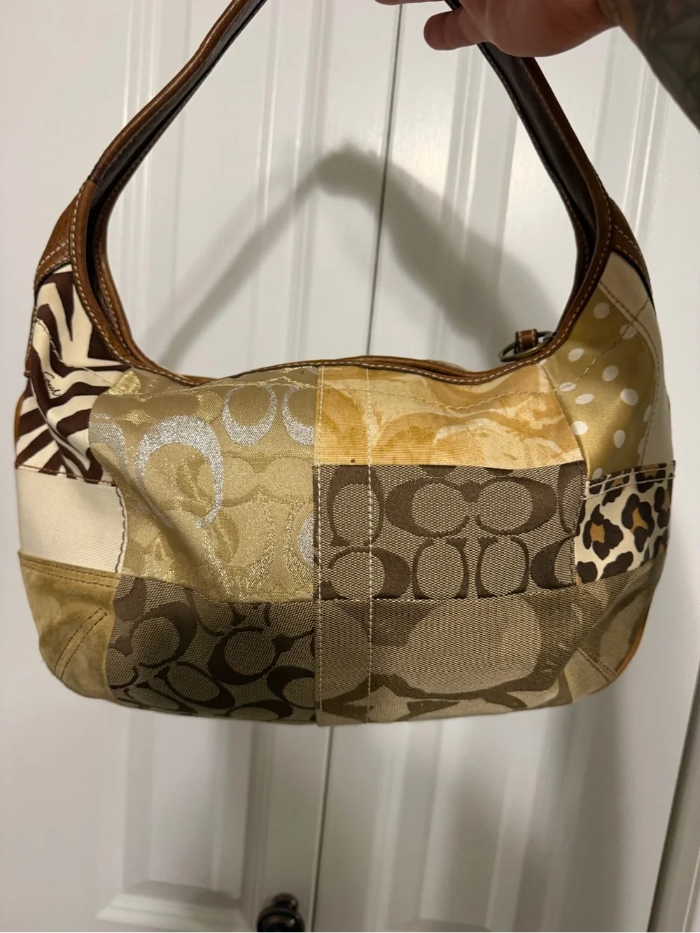 Coach Ergo Patchwork Leather Canvas Suede Hobo in Earth Tone Brown Color